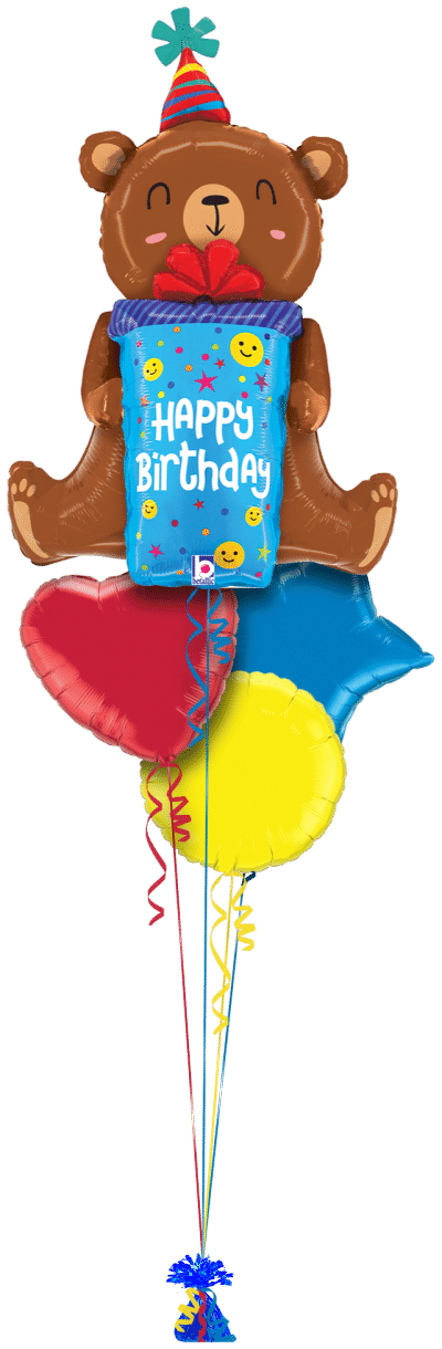 Birthday Bear with Present Balloon Bunch