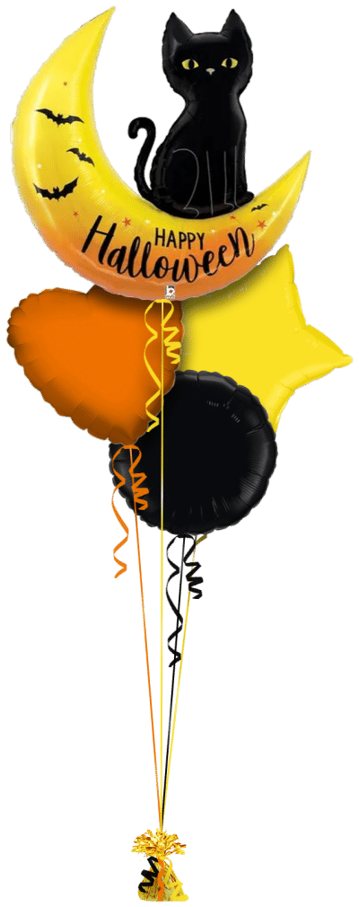 Happy Halloween Cat on Moon Balloon Bunch