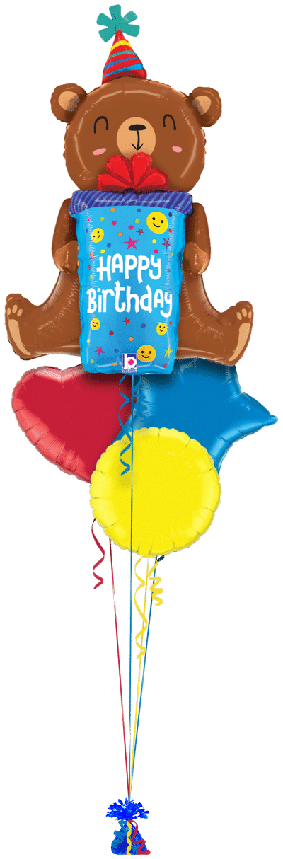 Birthday Bear with Present Balloon Bunch