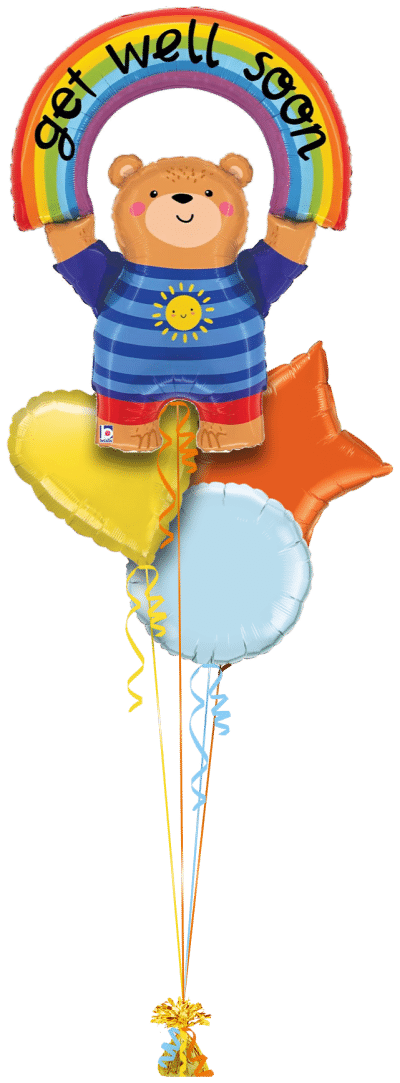 Get Well Bear with Rainbow Balloon Bunch