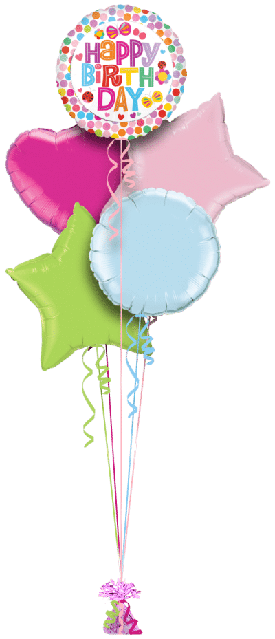 Happy Birthday Flowery Dots Balloon Bunch
