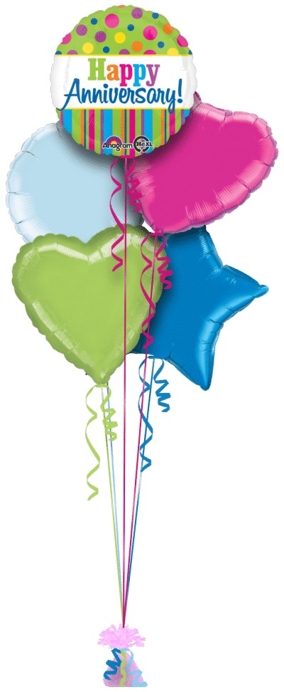 Happy Anniversary Colourful Dots And Stripes Balloon Bunch