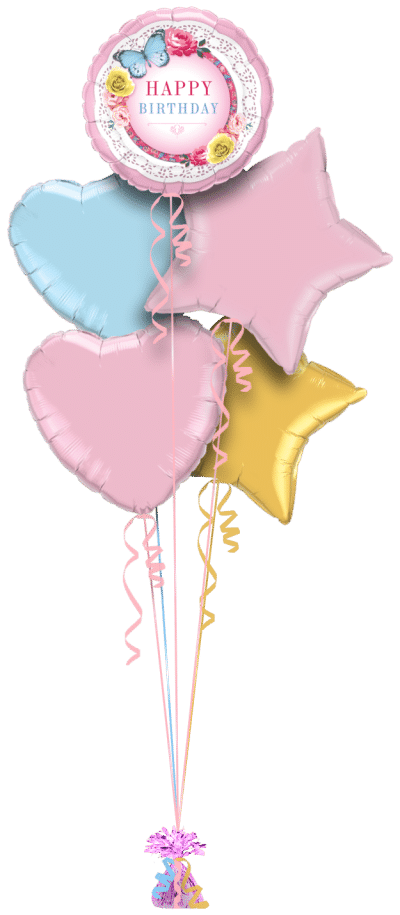 Birthday Pink Rose and Butterfly Balloon Bunch