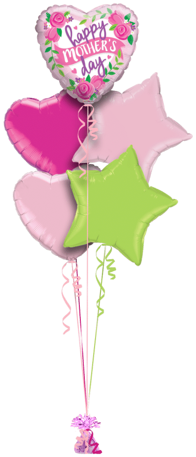 Mothers Day Pink Roses Heart Balloon Bunch