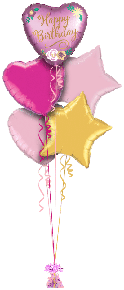 Happy Birthday Satin Flowers Heart Balloon Bunch