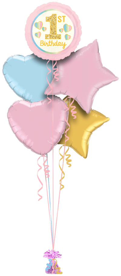 1st Birthday Gold and Pink Hearts Balloon Bunch