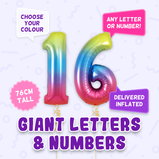 A 76cm tall 16 Birthday, Letters & Numbers balloon example